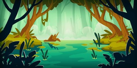 Landscape with swamp in rain forest Free... | Free Vector #Freepik #freevector #background #tree #nature #cartoon Lou Romano, Ppt Template Free Download, Forest Drawing, Fairy Pools, Forest Background, Forest Illustration, Game Background, Tropical Forest, Rain Forest