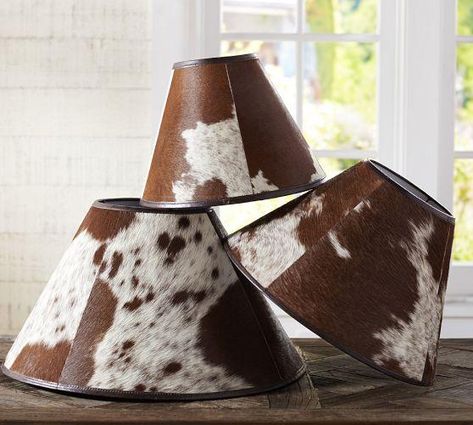 Lighting - PB Basic Cowhide Lamp Shade | Pottery Barn - cowhide lampshade, cowhide lamp shade, brown and white cowhide lampshade, Western Lamps, Cowhide Decor, Cowhide Furniture, Western Bedroom Decor, Large Floor Lamp, Western Furniture, Southwest Decor, Western Homes, Rustic Lamps