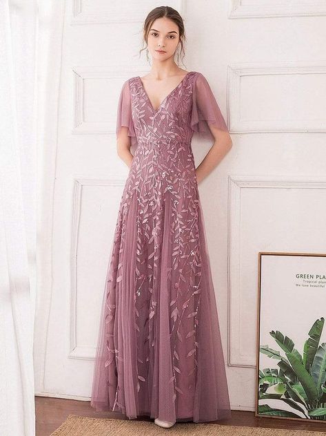 Prom Dress V Neck, Mesh Prom Dress, Floral Wedding Guest, Cheap Prom Dresses Online, Grey Evening Dresses, Elegant Floral Wedding, Evening Gowns With Sleeves, Azazie Dresses, Kebaya Dress