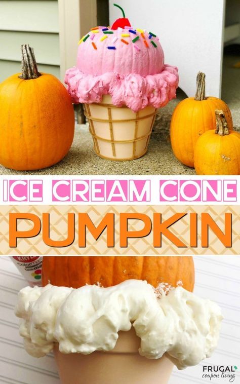 This would be even cuter with a small pumpkin! Ice Cream Cone Pumpkin, October Birthday Parties, Pumpkin Tutorial, Creative Pumpkin Decorating, Birthday October, Pumpkin Decorating Contest, No Carve Pumpkin Decorating, Halloween Decor Diy, Pumpkin Ice Cream