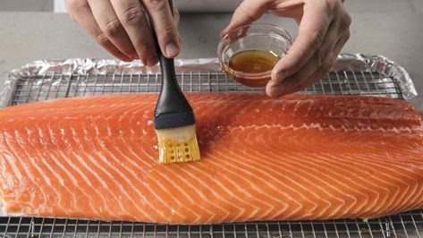 Roasted Salmon for a Crowd | Cook's Illustrated Salmon For A Crowd, Side Of Salmon, Almond Pesto, Wouldn't It Be Nice, Raw Salmon, Arugula Pesto, America's Test Kitchen Recipes, Easy Salmon, Kitchen Recipe