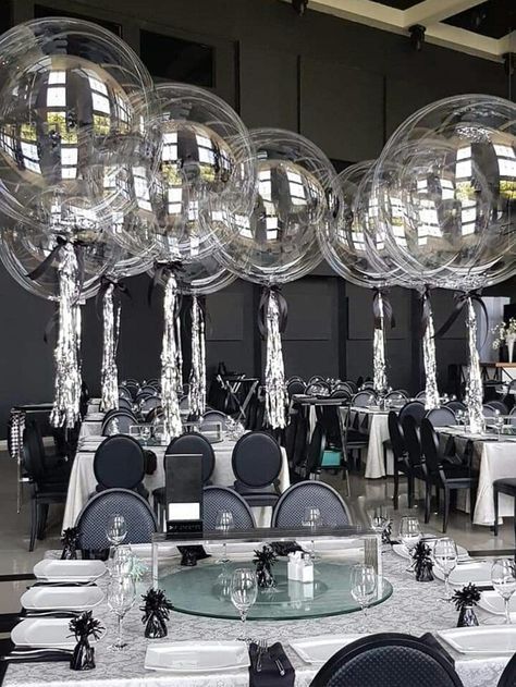 Clear Collar PC Embellished Event & Party Supplies Black And Silver Balloon Centerpieces, Silver Balloon Centerpieces, Silver Party Decorations, Dinner Party Table Settings, Holiday Balloons, 25th Anniversary Party, Clear Balloons, Silver Theme, Prom Decor