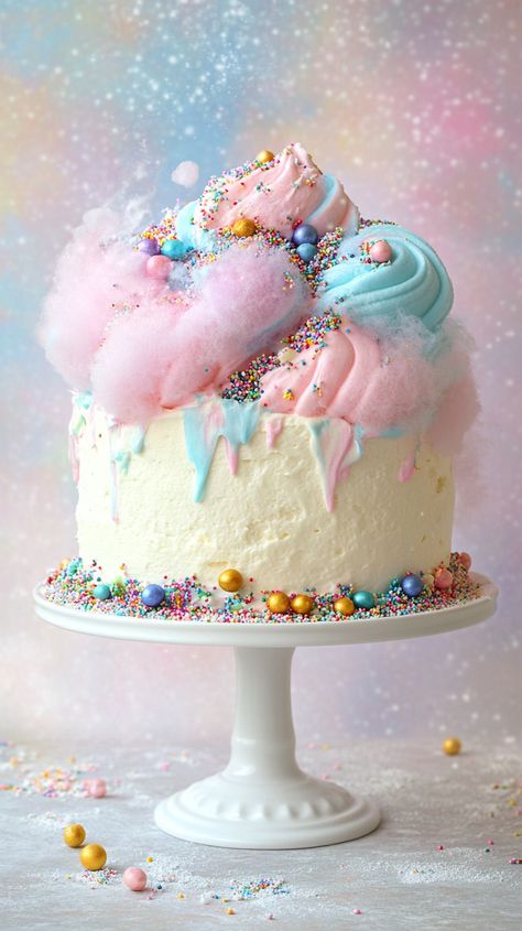 Cake With Candy On Top, Cake With Cotton Candy, Cotton Candy Theme, Cotton Candy Cake, Cotton Candy Cakes, Roblox Cake, Algerian Recipes, Candy Theme, Candy Cake