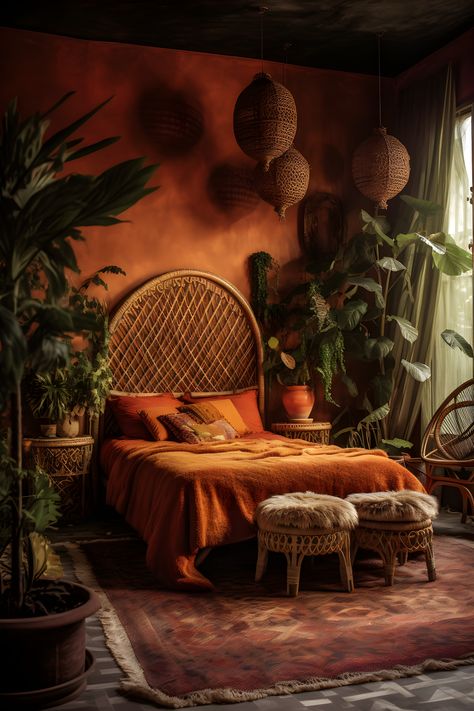 a boho quirky orange room. lots of plants, a knitted orange blanket with a woven style bed. 2 fur seats at the end and a red retro carpet. Orange Eclectic Bedroom, Funky Bedroom Decor Bohemian, Sultry Boho Bedroom, Cozy Quirky Bedroom, Bedroom Decor Artistic, Boho Bedroom Orange And Green, Colorful Eccentric Decor, Antique Earthy Bedroom, Unique Cozy Home