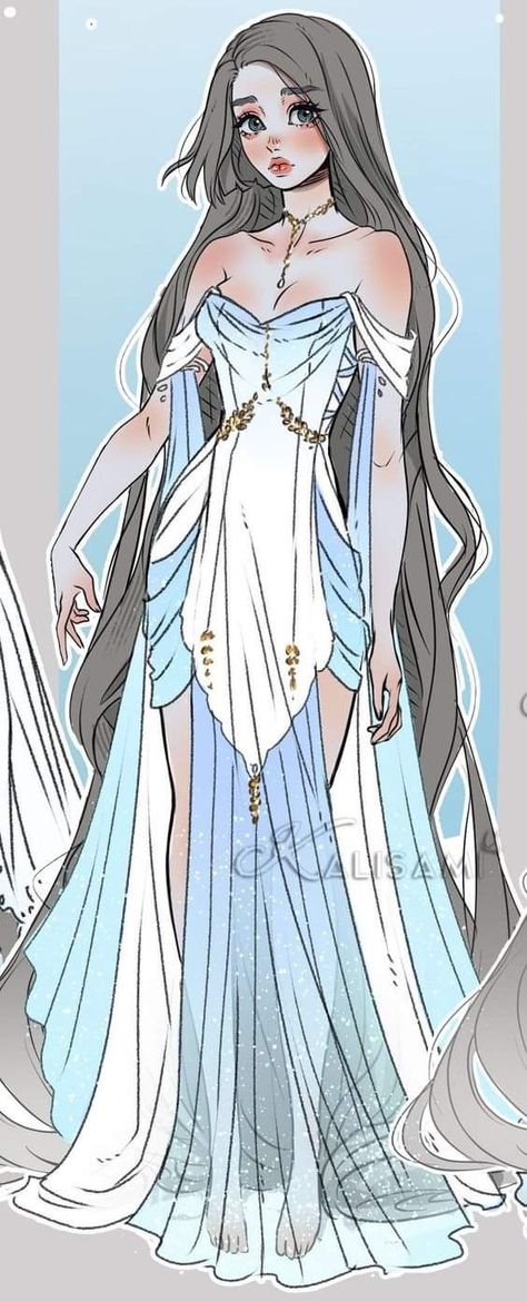 Fairy Oc Female, Evil Queen Drawing Character Design, Princess Dresses Drawing Reference, Queen Clothes Drawing, Goddess Oc Outfit, Fantasy Dress Drawing Queens, Atlantis Outfit Ideas, Cloud Dress Drawing, Water Themed Outfits Drawing