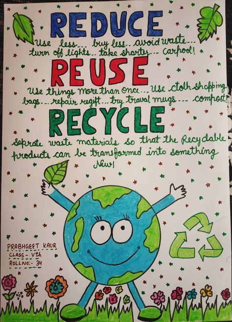 Reuse Reduce Recycle Poster Ideas, Essay Aesthetic, Reduce Reuse Recycle Crafts, Save Electricity Poster, Reduce Reuse Recycle Poster, How To Make Earth, Recycle Preschool, Science Project Models, Environment Activities