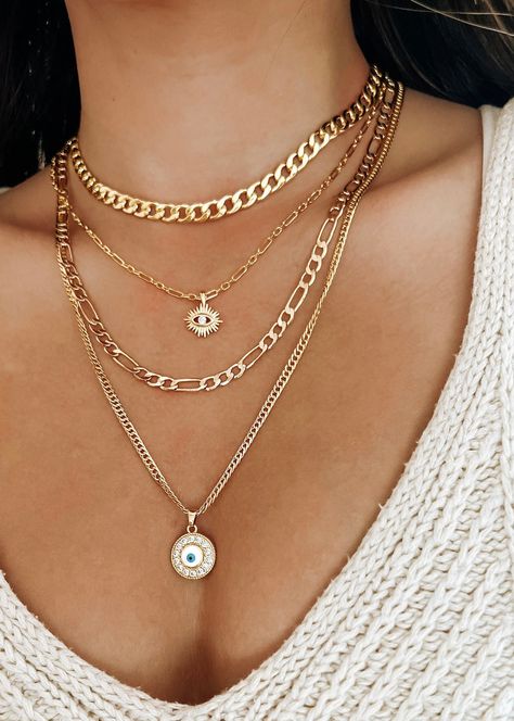 2024 Jewelry, Figaro Necklace, Sun Burst, Evil Eye Necklace Gold, Evil Eye Design, Jewelry Accessories Ideas, Stacked Jewelry, Jewelry Lookbook, Cheap Jewelry