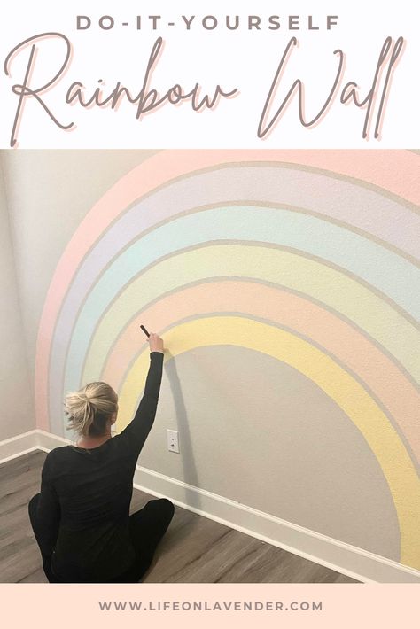 Paint Your Own Wall Mural, Bright Rainbow Bedroom, Diy Boho Rainbow Wall Mural, Pastel Rainbow Wall Paint, Diy Sunset Wall, Wall Decor For Playroom, Boho Rainbow Accent Wall, Diy Wall Rainbow, Diy Rainbow Paint Wall