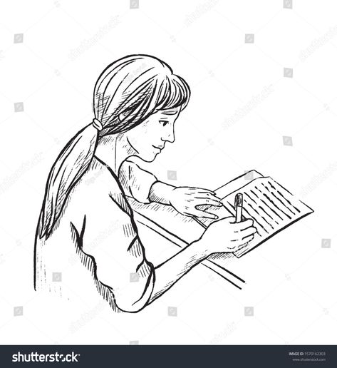 Girl Studying Drawing Sketch, Girl Outlines, Side View Drawing, Writing Outline, Girl Writing, Presentation Ideas, Working Drawing, Student Drawing, Hand Drawn Vector Illustrations