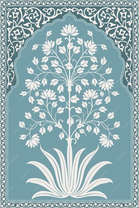 Premium Vector | Traditional indian flower motif mughal hand drawn mughal wall paintings mughal illustration for wa Indian Themed Wallpaper, Traditional Prints Indian, Mughal Architecture Illustrations, Mughal Art Paintings Illustrations, Mughal Architecture Motifs, Indian Motifs Traditional, Traditional Wallpaper Indian, Mughal Illustration, Mughal Art Motifs