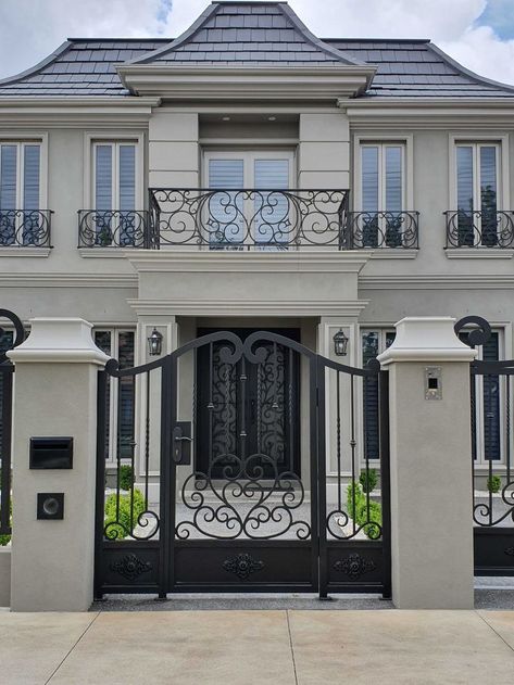 Custom Iron Gates, Wrought Iron Gate Designs, Fence Balcony, Pedestrian Gate, Wrought Iron Fence, Gate Designs, Iron Gate Design, Front Courtyard, Wrought Iron Gate