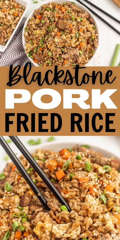 Blackstone Pork Fried Rice - grillonadime.com Teriyaki Pork Chops, Pork Fried Rice Recipe, Outdoor Griddle Recipes, Griddle Cooking Recipes, Grilled Dinner Recipes, Outdoor Cooking Recipes, Asian Dish, Restaurant Style Recipes, Pork Fried Rice