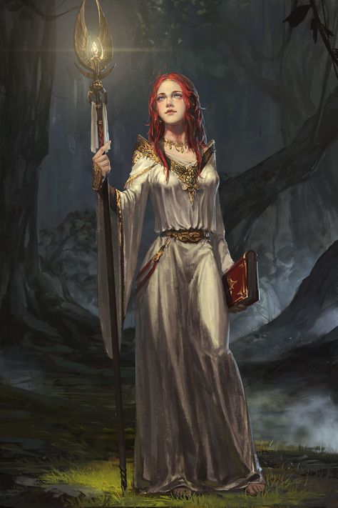 ArtStation - Priestess, Rui Li Medieval Clothing, Staff Magic, Heroic Fantasy, Fantasy Magic, Concept Artist, Female Human, High Fantasy, Arte Fantasy, Fantasy Rpg