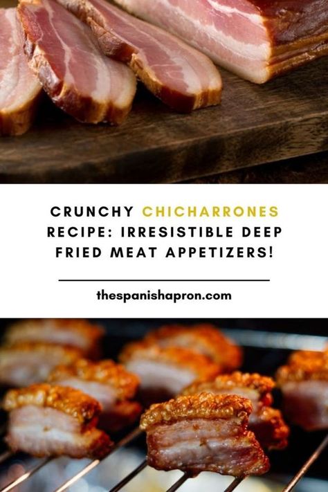 Satisfy your cravings with our delectable chicharrones recipe! These crispy, deep-fried meat appetizers are a flavor-packed delight that'll have you coming back for more. Learn how to create these Spanish-inspired chicharrones from braised pork belly, resulting in the ultimate crunchy perfection. Elevate your snack game with this authentic chicharrones recipe. Ready to Crunch? Try the Recipe Now and Delight Your Senses! 👉Try the Recipe Now! #Chicharrones #MeatAppetizers #SpanishRecipes Pork Chicharrones Recipe, Chicharrones Recipe, Spanish Tapas Recipes, Fried Bacon, Spanish Appetizers, Spanish Foods, Braised Pork Belly, Pork Belly Recipes, Tapas Recipes