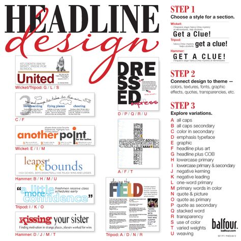 Headline Styles - this is from Balfour. Not my publisher but great image. Headlines Design, Headline Design Ideas, Magazine Headline Design, Yearbook Font Ideas, Balfour Yearbook, Headline Design, Yearbook Headline Ideas, Yearbook Contents Page, Yearbook Headlines