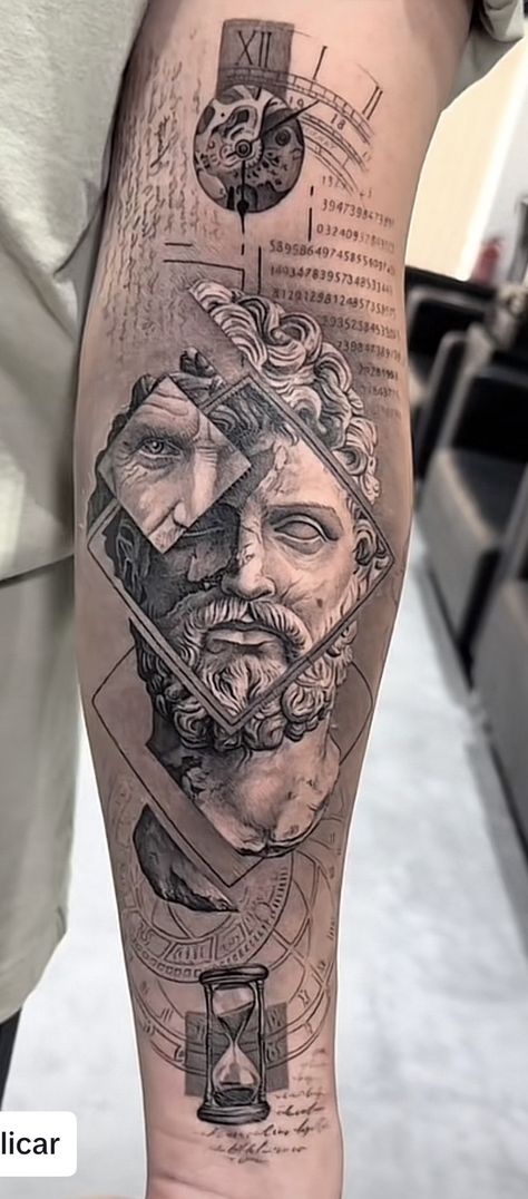 Greek Mythology Tattoos Thigh Men, Men’s Forearm Tattoos Greek, Geladiyator Tattoos, Stoics Tattoo, Fine Line Sleeve Men, Greek Compass Tattoo, Ancient Rome Tattoo Sleeve, Greek Mythology Tattoos Thigh, Luke 10:19 Tattoo