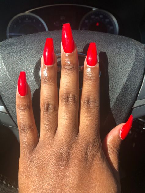 Red Nail Polish Colors For Dark Skin, Red Nails By Skin Tone Range, Red Nails Medium Length, Coffin Nails Medium Length, Medium Coffin Shape Nails, Glossy Red Nails, Coffin Nails Medium, Red Coffin Nails, Red Nail Polish Colors