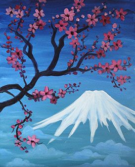 Fuji - easy  copyright ©Paint Nite and may not be used or reproduced. Japan Painting, Bilbo Baggins, Paint Nite, Buffalo Wings, Small Canvas Art, Mount Fuji, Night Painting, Painting Lessons, Beginner Painting