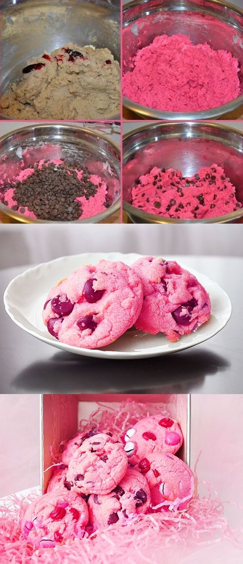 Pink Chocolate Chip Cookies, Chip Valentines, Secret Chocolate Chip Cookie Recipe, Cookies Making, Resepi Biskut, Valentines Cookies, Pink Cookies, Pink Chocolate, Pink Foods