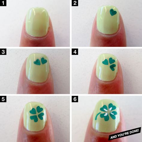 How-To: Four-Leaf Clover Mani | Beautylish.   Perfect for St. Patrick's day coming up!! Sure to bring you the luck 'o the Irish! Shamrock Nails, Saint Patrick Nail, St Patricks Day Nails, Holiday Nail Art, Simple Nail Art Designs, Nail Polish Designs, Nail Art Tutorial, Easy Nail Art, Nail Arts