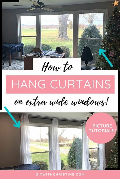 Wide Window Curtains, How To Hang Curtains, Hanging Curtain Rods, Ikea Curtains, Living Room Decor Curtains, Drop Cloth Curtains, Wide Windows, Nursery Curtains, Rustic Curtains