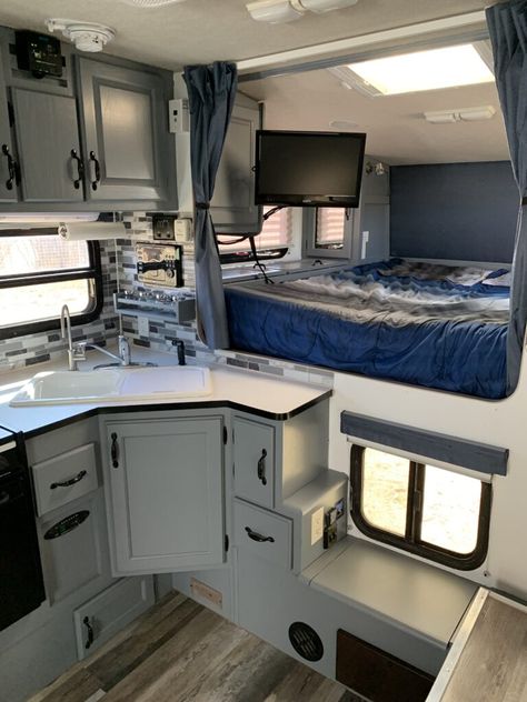 Truck camper remodel ideas. Remodeled Truck Bed Campers, Cab Over Truck Camper Remodel, Rv Headboards Ideas, Truck Bed Camper Renovation, Renovated Truck Camper, Slide On Camper Ideas, Slide In Truck Camper Remodel Interiors, Over Cab Camper Remodel, Black And Grey Camper Interior