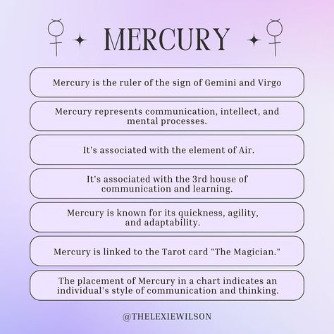 With Mercury Rxing through Aries until April 25th, let’s talk about this fast moving planet! Mercury in your chart represents your communication and thinking style. To find out where your Mercury is - go to your chart and look for the Mercury glyph or the word and then check the zodiac sign it’s in. Swipe 👉🏾 to find out what it means for what zodiac sign your Mercury is in. For example; my Mercury is in Sagittarius - so I tend to think and talk like a Sagittarius- despite being a Capricor... Mercury Glyph, Mercury In Aries, Mercury Sign, Astrology Tips, Planet Mercury, Gemini And Virgo, Sign Meaning, November 1st, Astrology Chart