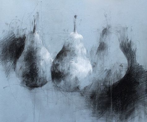 Pears by Jake Muirhead Charcoal and chalk on paper Drawing With White Pencil On Black Paper, Food Sketch Black And White, Jake Muirhead, Observational Studies, 3d Drawing Techniques, Things To Draw Ideas, To Draw Ideas, Charcoal Artwork, Chalk On Paper