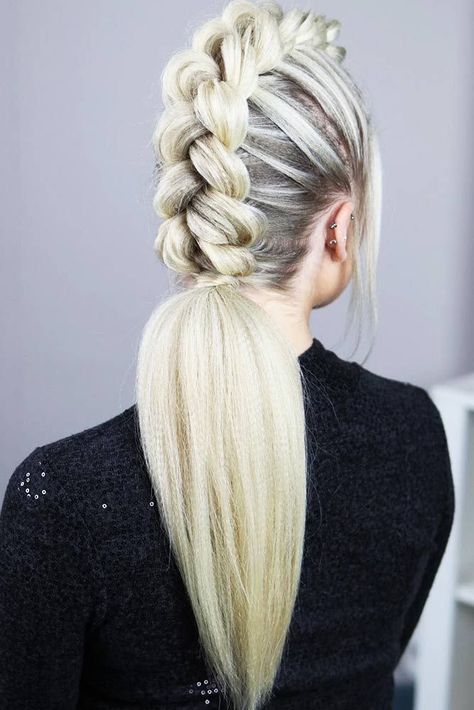 Dutch Mohawk Braided Ponytail #longhair #braids #ponytail ❤️ Fancy trying braided mohawk hairstyles? French braidhawk with weave, dutch updo with curls and short hawk hairdos are waiting for you! ❤️ See more: http://lovehairstyles.com/braided-mohawk-trendy-ideas/ #lovehairstyles #hair #hairstyles #haircuts Mohawk Braid Styles, Disney Hairstyles, Braided Mohawk Hairstyles, French Braid Ponytail, Mohawk Styles, Lumpy Space, Mens Hairstyles Medium, Mohawk Braid, Mohawk Hairstyles