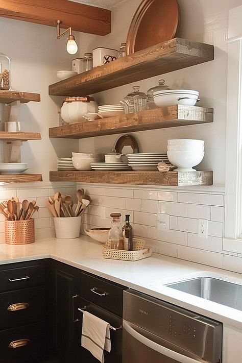 Stay on-trend with 40 styling trends for farmhouse kitchen floating shelves that bring a touch of modernity to traditional rustic decor. #StylingTrends #FarmhouseKitchen #FloatingShelves Floor To Ceiling Floating Shelves, Scandi Rustic Decor, Modern Floating Shelves Kitchen, Kitchens With Open Shelves, Farmhouse Kitchen Floating Shelves, White Kitchen Open Shelves, Floating Shelf Styling, Floating Kitchen Shelf, Kitchen With Floating Shelves