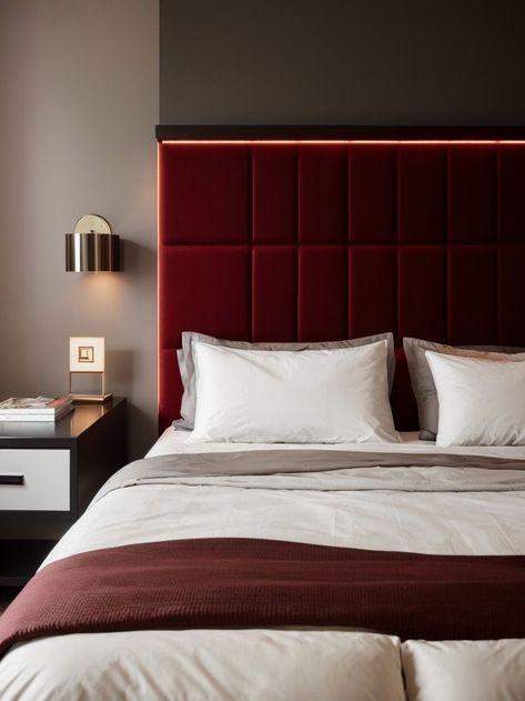 Red Led Aesthetic, Red Room Ideas Bedrooms, Red Upholstered Bed, Marble Floor Bedroom, Minimal Modern Bedroom, Beds Headboard, Led Aesthetic, Red Headboard, Colourful Homes