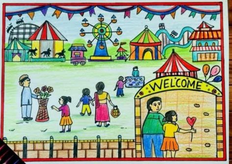 Celebration Drawings Ideas, Fair Drawings Easy, Fun Fair Drawing, Village Photo, Memory Drawing, Competitions For Kids, Drawing Competition, Draw Hands, Village Photos