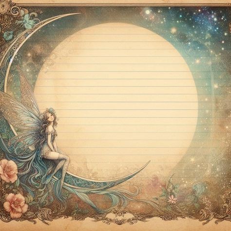 Witchy Lined Paper, Printable Journaling Stationery Pages Moon Night Sky, Fairy Journal Cover Ideas, Vintage Writing Paper, A4 Size Paper Border Design Flower, Collage Photo Frame Design, Fairy Background, Vintage Paper Printable, Fairytale Junk Journal