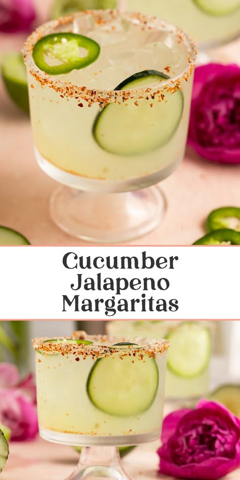 My all-time favorite cocktail is a cucumber jalapeno margarita! Refreshing with a spicy little kick, I've been making these easy summer drinks at home for years. They're perfect for Cinco de Mayo, Labor Day weekend, and every summer party in between. Spicy Cucumber Cocktail, Jalapeno Tequila Drinks, Jalapeno Cucumber Margarita Recipe, Cocktails With Jalapeno, Cucumber Lime Tequila Cocktail, Jalapeño Cucumber Margarita, Easy Spicy Margarita Recipes, Cucumber Jalapeno Cocktail, Jalapeno Limeade Margarita