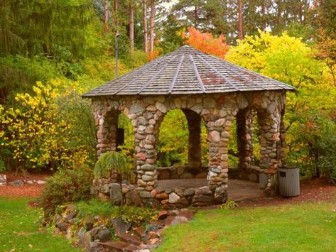 Stone Gazebo, Park Gazebo, Country Garden Design, Diy Gazebo, Stone Park, Gazebo Ideas, Diy Backyard Patio, Garden Pond Design, Outdoor Fireplace Patio