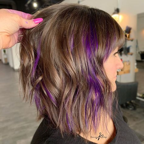 Purple Peekaboo Hair, Purple Highlights Brown Hair, Bold Highlights, Under Hair Color, Hidden Hair Color, Peekaboo Hair Colors, Fantasy Hair Color, Peekaboo Highlights, Girl Hair Colors