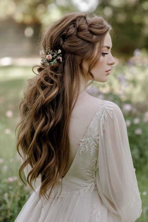 Elevate your bridal style with this enchanting long hair half hairstyle, a dream come true for any bride. The soft, cascading waves framed by delicate tendrils create an effortlessly romantic look that beautifully complements a wedding dress. Enhance your elegance with floral accents or sparkling clips, making your special day even more memorable. Explore this timeless trend among wedding hairstyles and find your unique touch. #weddinghairstyles #bridalhair #romanticwedding Victorian Bridal Hair, Ethereal Hair Wedding, Bridal Hair With Bangs Long, Romantic Half Up Hair, Ethereal Hairstyles Romantic, Romantic Half Up Half Down, Half Up Wedding Hairstyles With Veil, Romantic Wedding Hair Half Up, Boho Bridal Hair With Veil