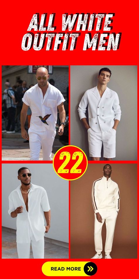 Elevate your summer wardrobe with the timeless appeal of an all white outfit men ensemble. Whether you're attending a rooftop party or enjoying a casual day out with friends, this versatile look is sure to make a statement. With its clean lines and crisp color palette, an all white outfit exudes a sense of effortless elegance and sophistication. Pair it with your favorite accessories and footwear for a personalized touch that reflects your individual style All White Party Mens Outfit, White And Gold Men Outfit, White Out Men’s Outfit, All White Party Outfits Mens, All White Outfit Men, All White Mens Outfit, White Outfit Men, Outfits Guide, All White Party Outfits