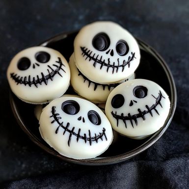 Jack Skellington Chocolate Covered Oreos are the perfect spooky treat for Halloween or Christmas! Simple & delicious-try them today! Nightmare Before Christmas Recipes, Nightmare Before Christmas Food Ideas, Nightmare Before Christmas Party Food, Oreo Recipe, Halloween Pumpkin Cookies, Witch Finger Cookies, White Chocolate Oreos, Christmas Desserts Party, Finger Cookies