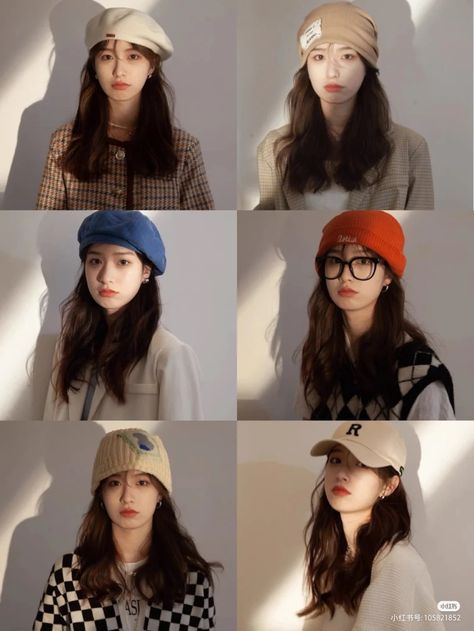 Cap Girl Style, Camera Poses, Korean Winter Outfits, Ootd Korean Style, Maroon Outfit, Korean Fits, Korean Winter, Idol Fashion, Woolen Cap