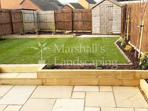 Wath Upon Dearne, Barnsley (Landscaping Project 56) Railway Sleeper Retaining Wall Ideas, Patio With Sleeper Edge, Sleeper Edged Patio, Patio Sleeper Edging, Sleeper Retaining Wall Ideas, Sleeper Wall Garden, Sleepers Patio, 2 Level Garden Ideas, Level Garden Ideas