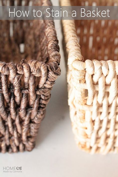 How To Stain A Basket - Home Made By Carmona Diy Custom Closet, Diamond Tufted Headboard, Basket Makeover, Wall Hanging Crafts, Diy Basket, Diy Closet, Crafty Craft, Crafty Diy, Decorating On A Budget