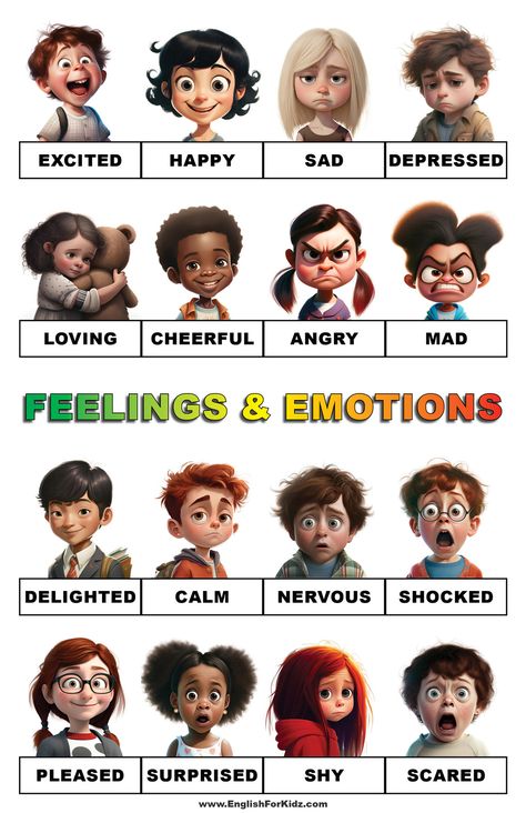 Emotions List, Phonics Reading Activities, Teaching Emotions, List Of Emotions, Teach English To Kids, Emotions Posters, Emotion Chart, Printable Posters, Feeling Pictures