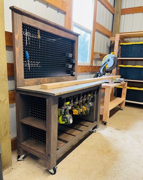 Workbench With Pegboard, Garage Storage Diy, Workbench With Storage, Potting Bench Plans, Garage Workbench Plans, Diy Garage Work Bench, Diy Garage Storage Cabinets, Power Tool Storage, Garage Door Makeover