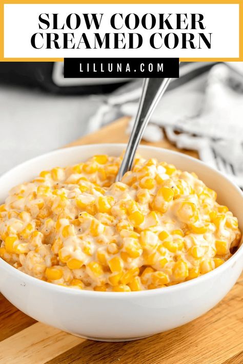 Dinner wouldn't be complete without rich, flavorful Slow Cooker Creamed Corn! It's creamy, buttery, and cheesy - a holiday favorite! #crockpotcreamedcorn #slowcookercreamedcorn #creamedcorn #crockpot #corn #sidedish Cream Corn Recipe Crock Pot, Slow Cooker Creamed Corn, Cream Cheese Corn, Corn Side Dish, Creamed Corn Recipes, Cream Corn, Tiffin Recipe, Crock Pots, Corn Dishes