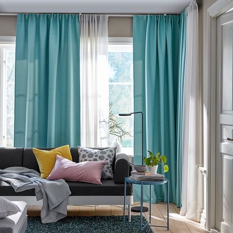 VILBORG Curtains, 1 pair - IKEA Turquoise Curtains, Turquoise Living Room Decor, Thick Curtains, Living Room Decor Curtains, Stylish Curtains, Curtains Living, Darkening Curtains, Living Room Windows, Room Darkening Curtains