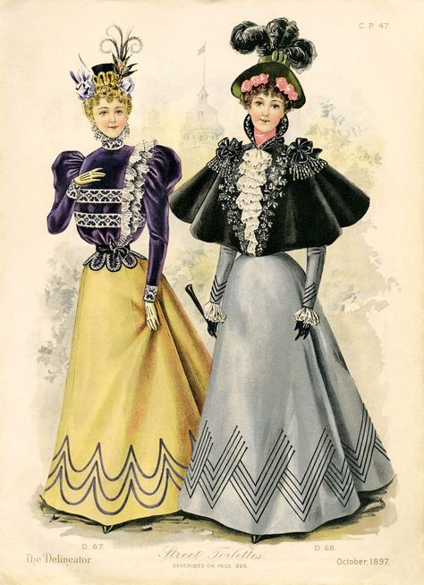 "Antique Printable Victorian Fashion Plate - \"Street Toilettes\". (Digital Download) This Victorian fashion plate features an illustration of two women dressed in beautiful fashions of the day. The lady on the left is wearing a dark purple blouse with poufy upper sleeves. Her blouse is decorated with white lace and finished with a white lace collar, white lace edging on the sleeves, as well as white lace edging on the lower scalloped edge. Her purple blouse is paired with a floor length yellow skirt. She is wearing cream-colored gloves, a black hat with yellow edging, with decorations of purple bows, black leaves with pink flowers and a black plume.   The lady on the right is wearing a short black cape, with a tall black collar, and a pink neck scarf under. The cape is decorated in white 1890s Fashion, Old Design, Edwardian Dress, 19th Century Fashion, Victorian Clothing, Vintage Mode, Edwardian Fashion, Historical Costume, Fashion Plates