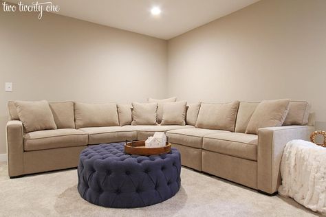 The Basement Radley Sectional & Ottoman Radley Sofa, Industrial Sofas, Radley Sectional, Colorful Couches, Tv Room Sofa, Long Narrow Rooms, Family Room Sectional, Greige Walls, Worldly Gray