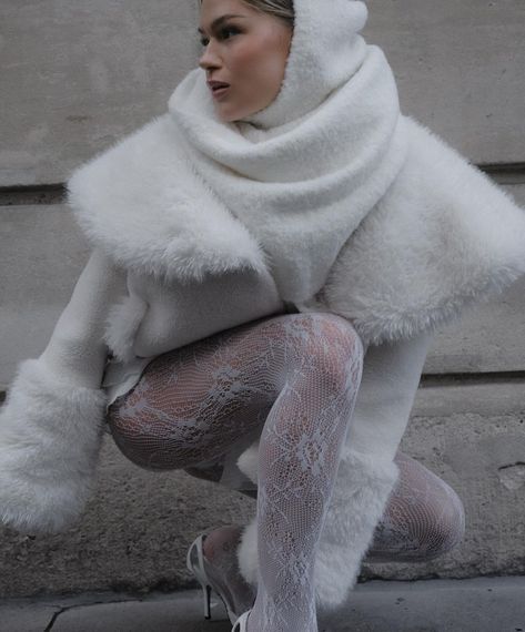 ARAKII FROST JACKET Available exclusively at www.arakii.com | Instagram White Lace Tights Outfit, White Stockings Outfit, White Lace Stockings, White Lace Tights, Lace Stockings Outfit, Lace Tights Outfit, Thigh High Stockings And Tights, Clothing Finds, Tights And Heels