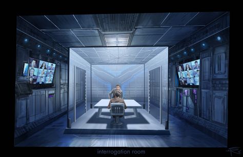 Prison Cell Concept Art, Future Distopia, Futuristic Prison, Scifi Training Room, Sci Fi Prison Cell, Sci Fi Prison, Sci Fi Office Concept Art, Interrogation Room, Alien Isolation Interior